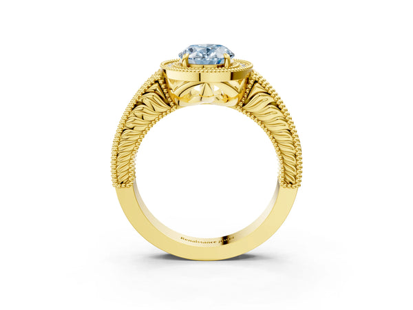 Yellow Gold Oval Vintage Milgrain Halo Engagement Ring Setting for Fancy Blue Center with Pave Band