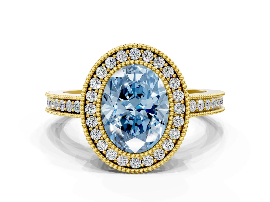 Yellow gold Fancy Blue Oval  Cut Halo Diamond Ring with Pavé Band and Milgrain Prong Setting_33