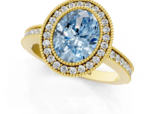 Yellow gold Fancy Blue Oval  Cut Halo Diamond Ring with Pavé Band and Milgrain Prong Setting