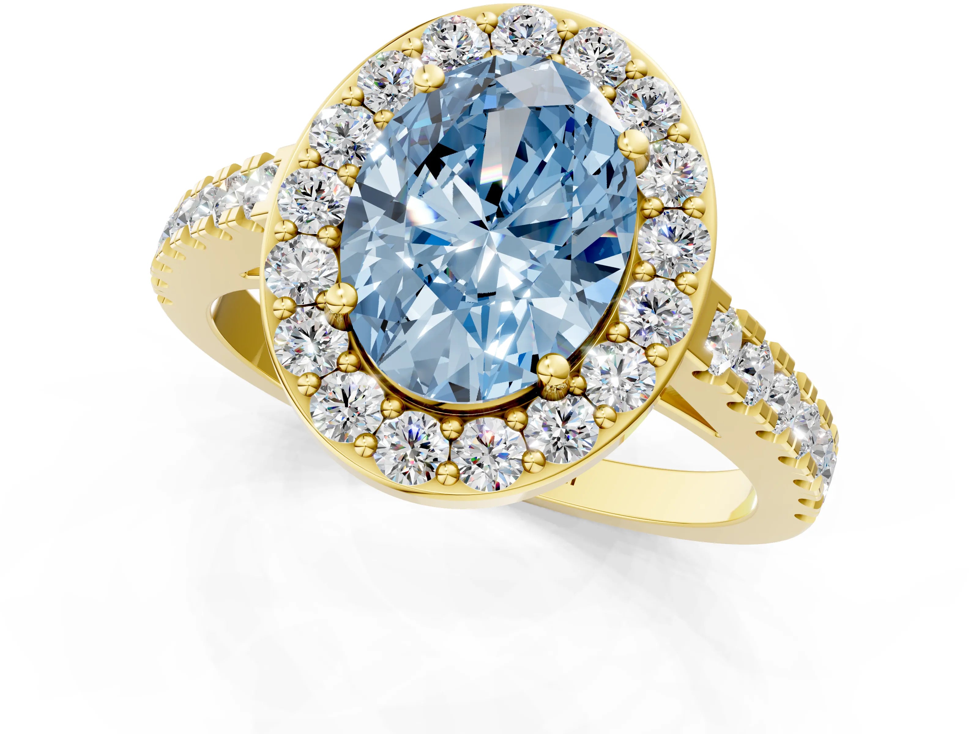 Yellow gold Fancy Blue Oval Cut Halo Diamond Ring with Pavé Band and Three-Prong Setting_1