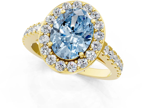 Yellow gold Fancy Blue Oval Cut Halo Diamond Ring with Pavé Band and Three-Prong Setting