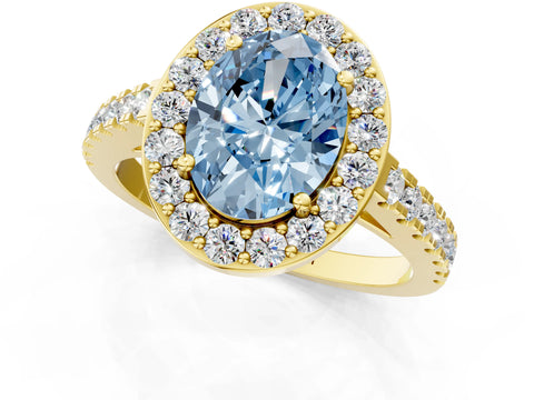 Yellow gold Fancy Blue Oval Cut Halo Diamond Ring with Pavé Band and Three-Prong Setting_1