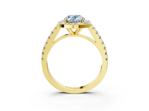 Yellow gold Fancy Blue Oval Cut Halo Diamond Ring with Pavé Band and Three-Prong Setting_3