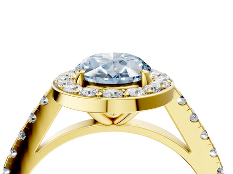 Yellow gold Fancy Blue Oval Cut Halo Diamond Ring with Pavé Band and Three-Prong Setting_4