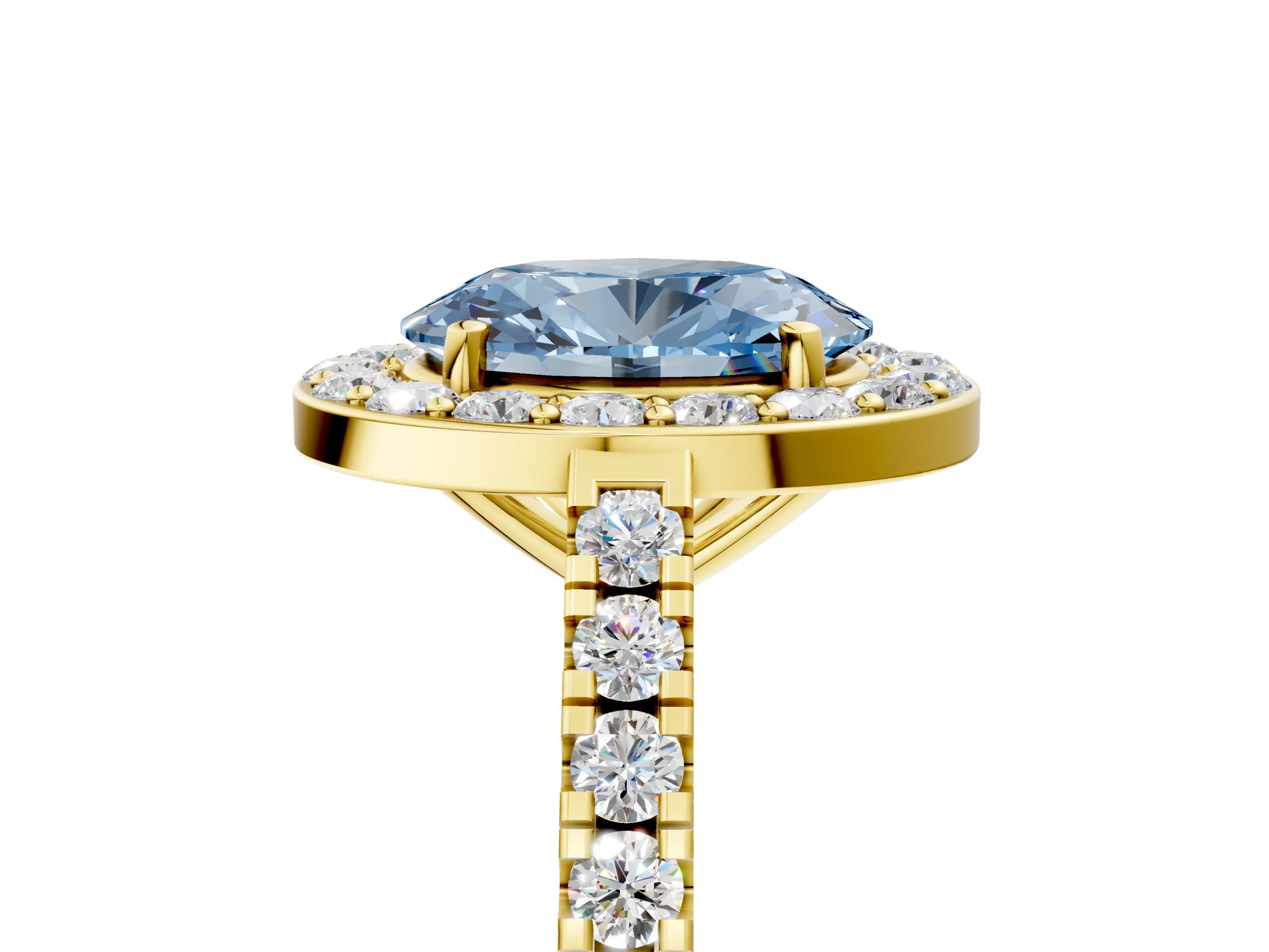 Yellow gold Fancy Blue Oval Cut Halo Diamond Ring with Pavé Band and Three-Prong Setting_5