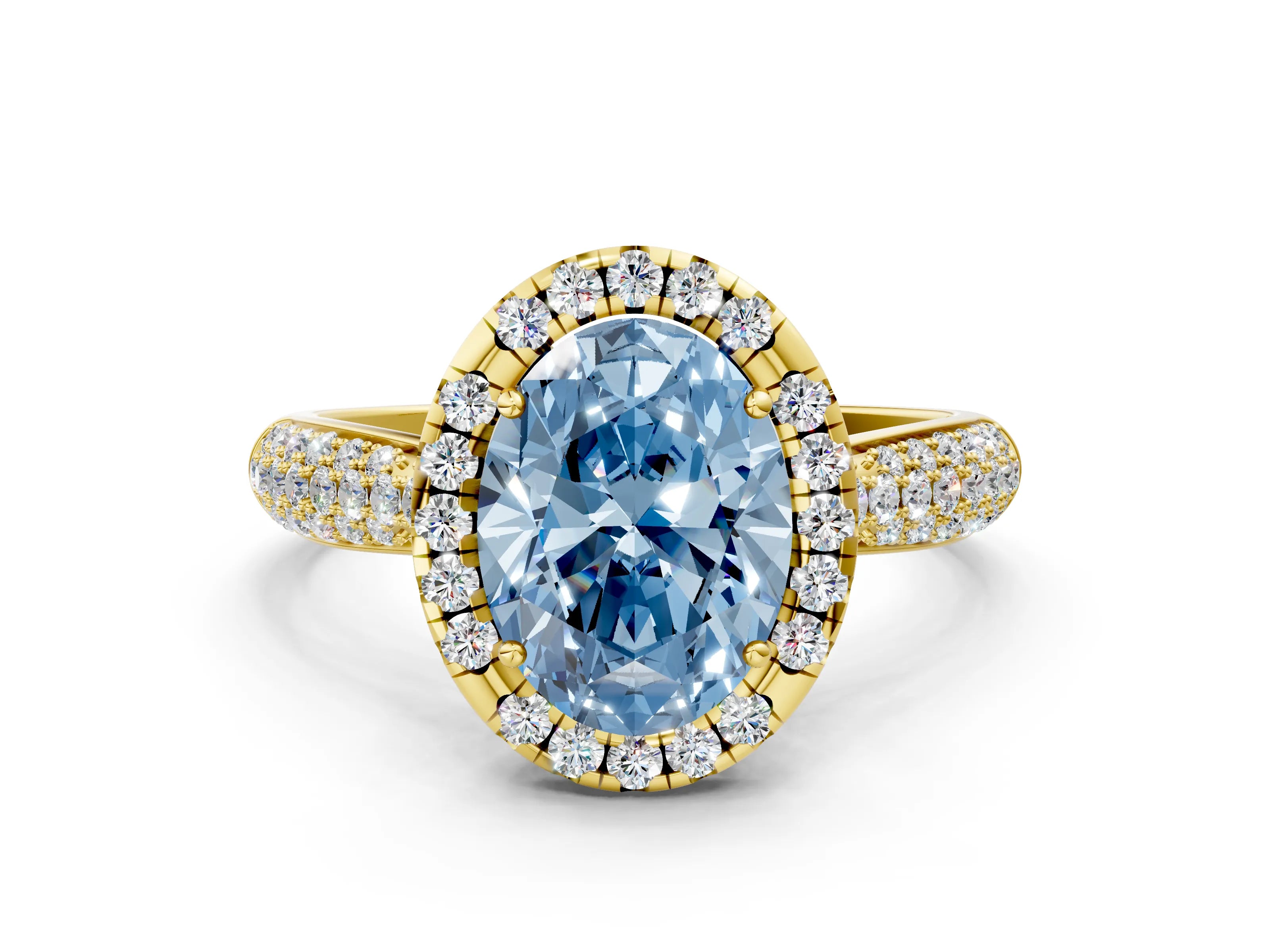 Yellow gold Fancy Blue Oval Cut Halo Diamond Ring with Pavé Band