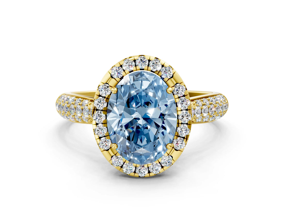 Yellow gold Fancy Blue Oval Cut Halo Diamond Ring with Pavé Band