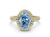 Yellow gold Fancy Blue Oval Cut Halo Diamond Ring with Pavé Band