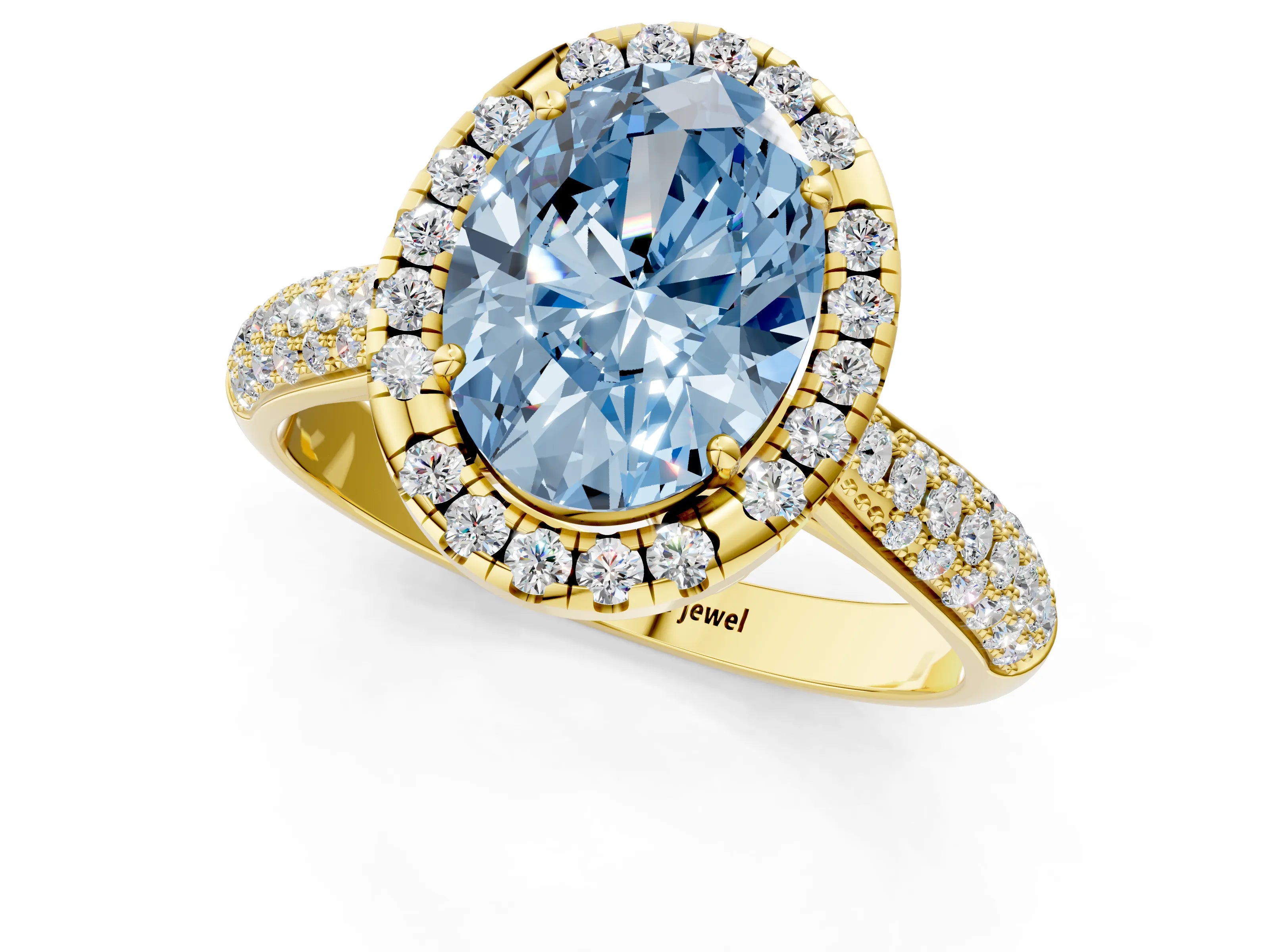 Yellow gold Fancy Blue Oval Cut Halo Diamond Ring with Pavé Band_1