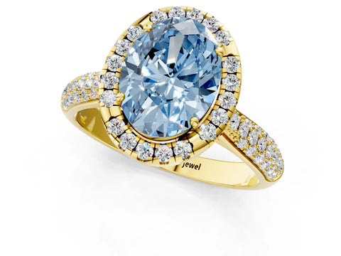 Yellow gold Fancy Blue Oval Cut Halo Diamond Ring with Pavé Band_1