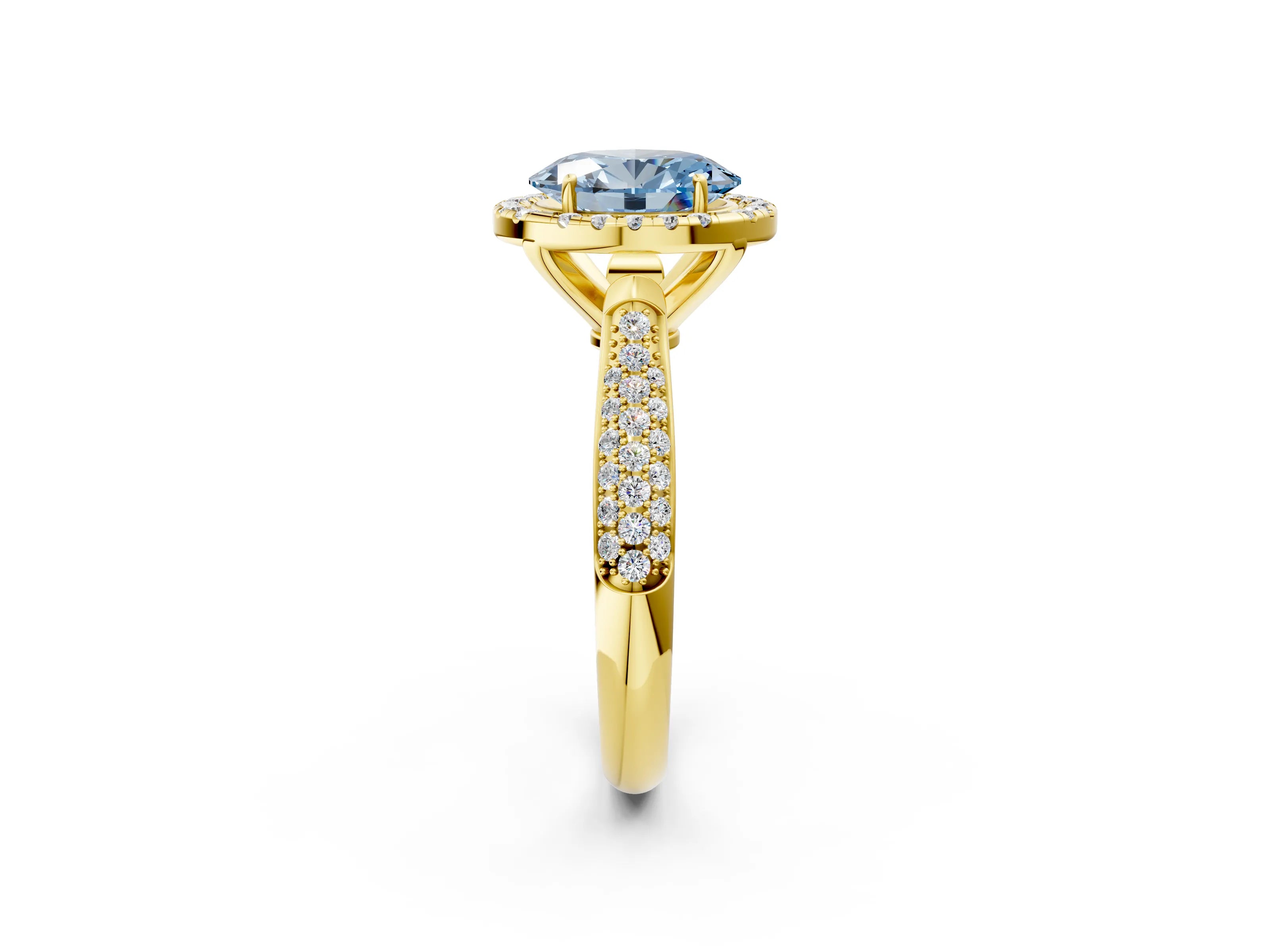 Yellow gold Fancy Blue Oval Cut Halo Diamond Ring with Pavé Band_2
