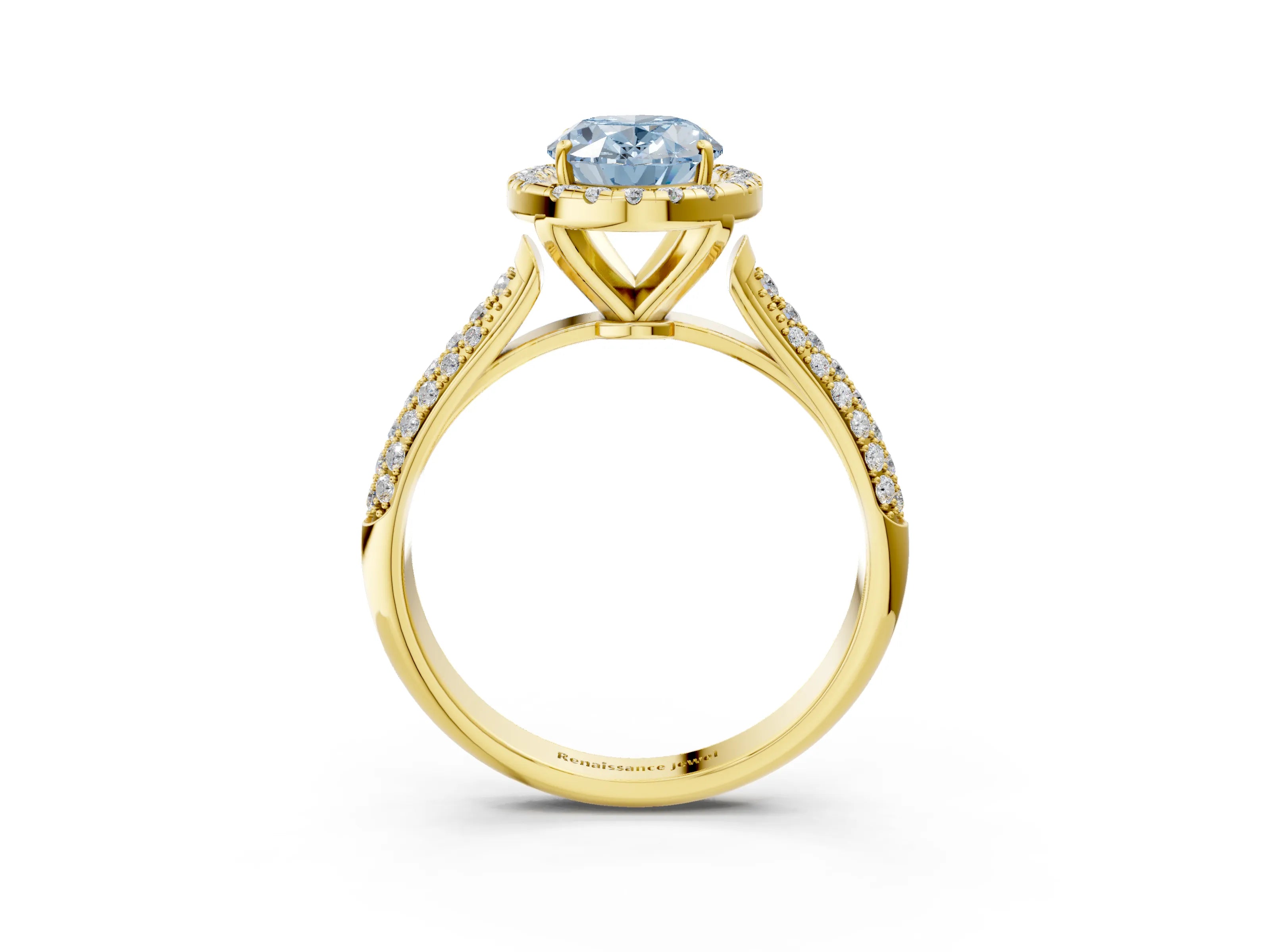 Yellow gold Fancy Blue Oval Cut Halo Diamond Ring with Pavé Band_3