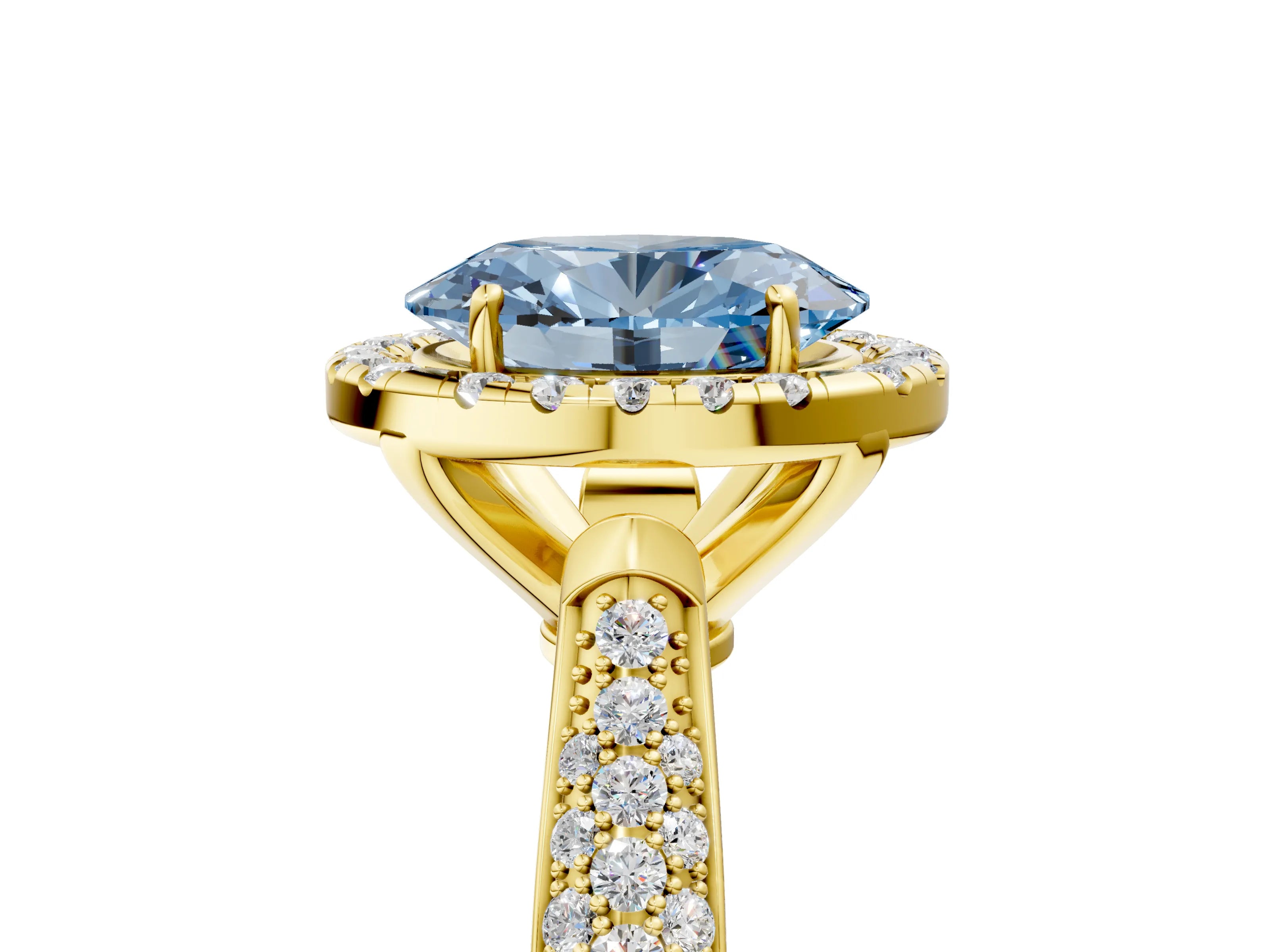 Yellow gold Fancy Blue Oval Cut Halo Diamond Ring with Pavé Band_5