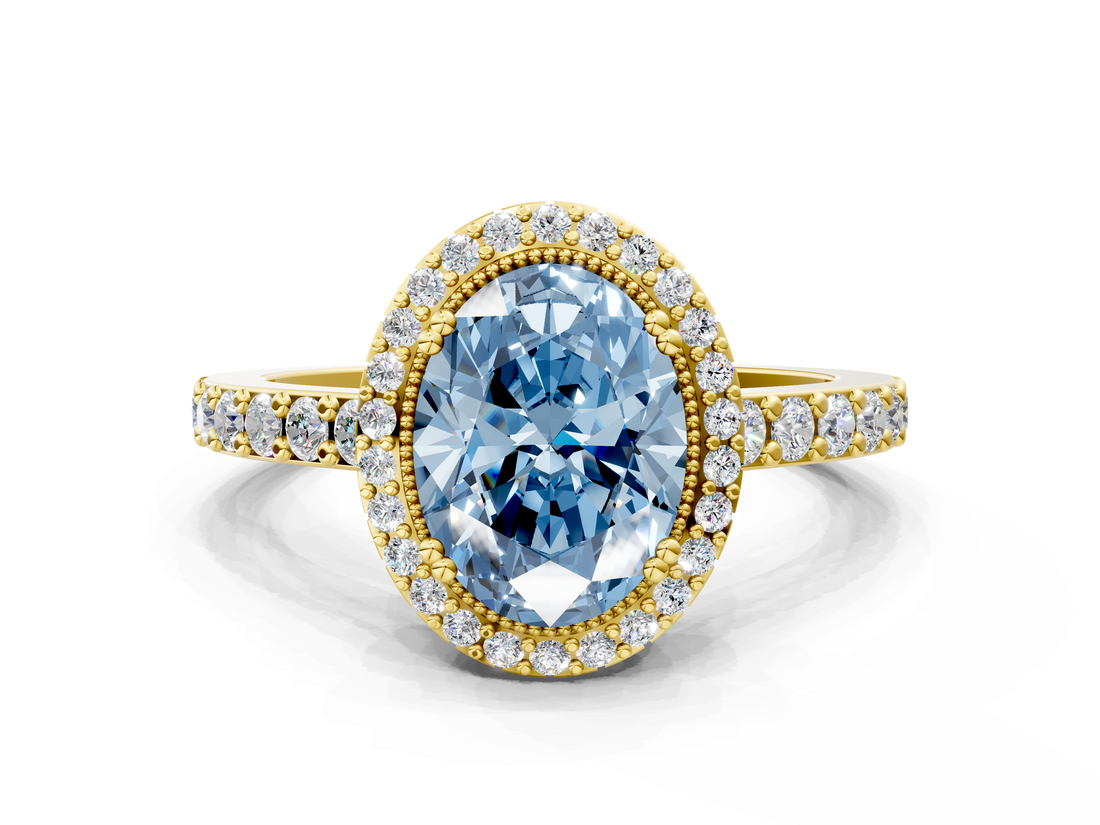 Yellow gold Fancy Blue Oval  Cut Halo Diamond Ring with Pave Band and Four-Prong Setting_24