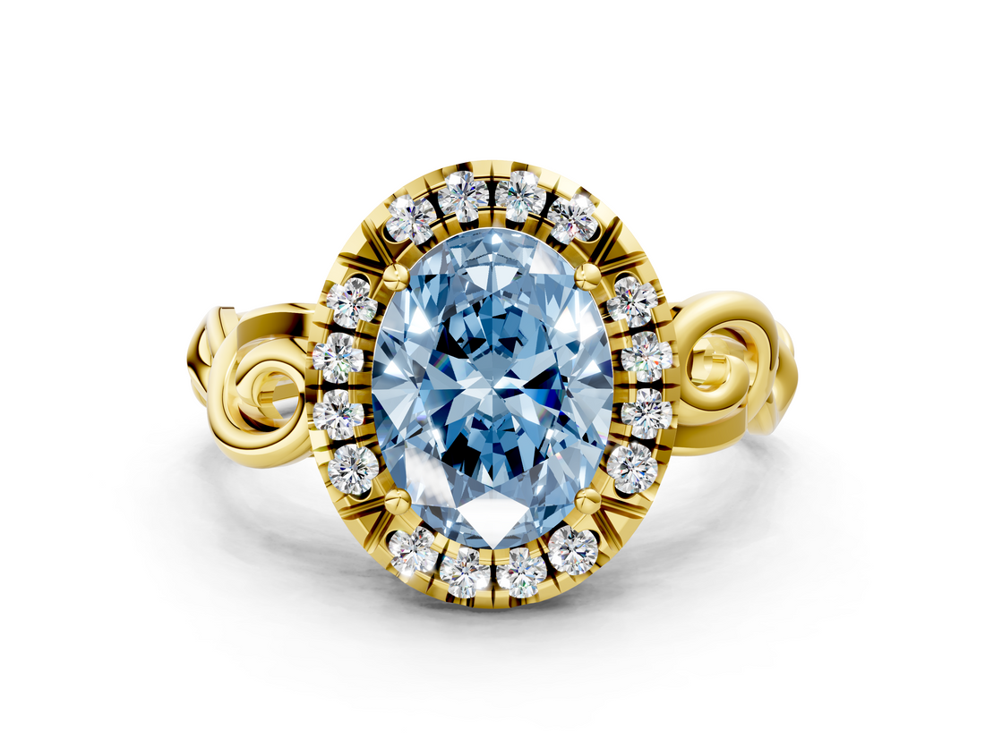 Yellow gold Fancy Blue Oval  Cut Halo Diamond Ring with Scrollwork Band and Four-Prong Setting_133