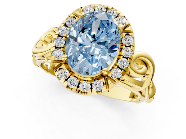 Yellow gold Fancy Blue Oval  Cut Halo Diamond Ring with Scrollwork Band and Four-Prong Setting