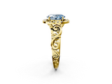 Yellow gold Fancy Blue Oval  Cut Halo Diamond Ring with Scrollwork Band and Four-Prong Setting_135