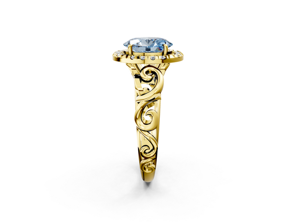 Yellow gold Fancy Blue Oval  Cut Halo Diamond Ring with Scrollwork Band and Four-Prong Setting