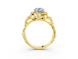 Yellow gold Fancy Blue Oval  Cut Halo Diamond Ring with Scrollwork Band and Four-Prong Setting_136