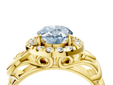 Yellow gold Fancy Blue Oval  Cut Halo Diamond Ring with Scrollwork Band and Four-Prong Setting_137