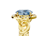 Yellow gold Fancy Blue Oval  Cut Halo Diamond Ring with Scrollwork Band and Four-Prong Setting_138