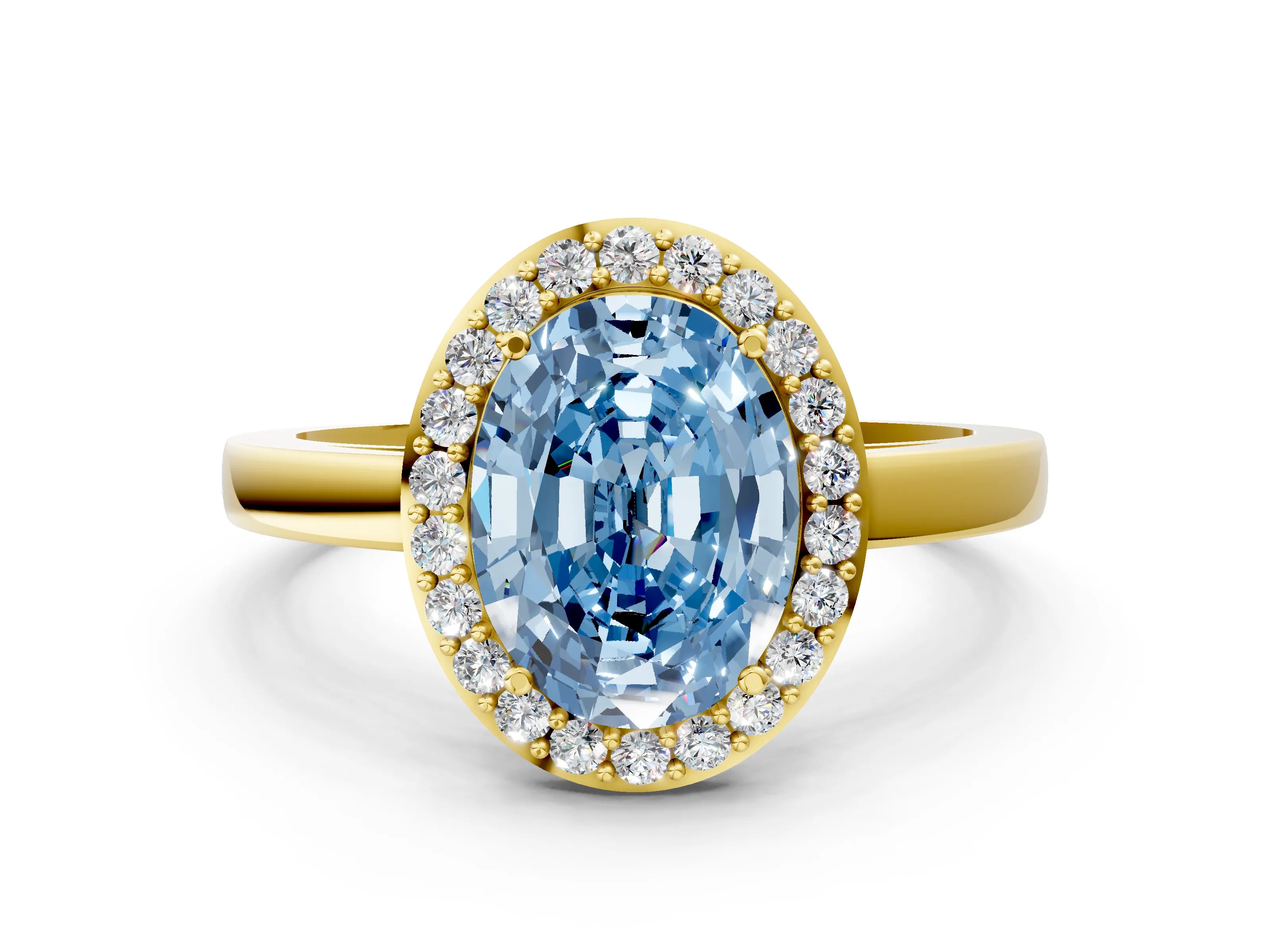 Yellow gold Fancy Blue Oval Cut Halo Diamond Ring with Solitaire Band and Prong Setting