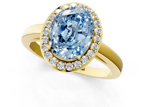 Yellow gold Fancy Blue Oval Cut Halo Diamond Ring with Solitaire Band and Prong Setting_1
