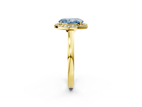 Yellow gold Fancy Blue Oval Cut Halo Diamond Ring with Solitaire Band and Prong Setting_2