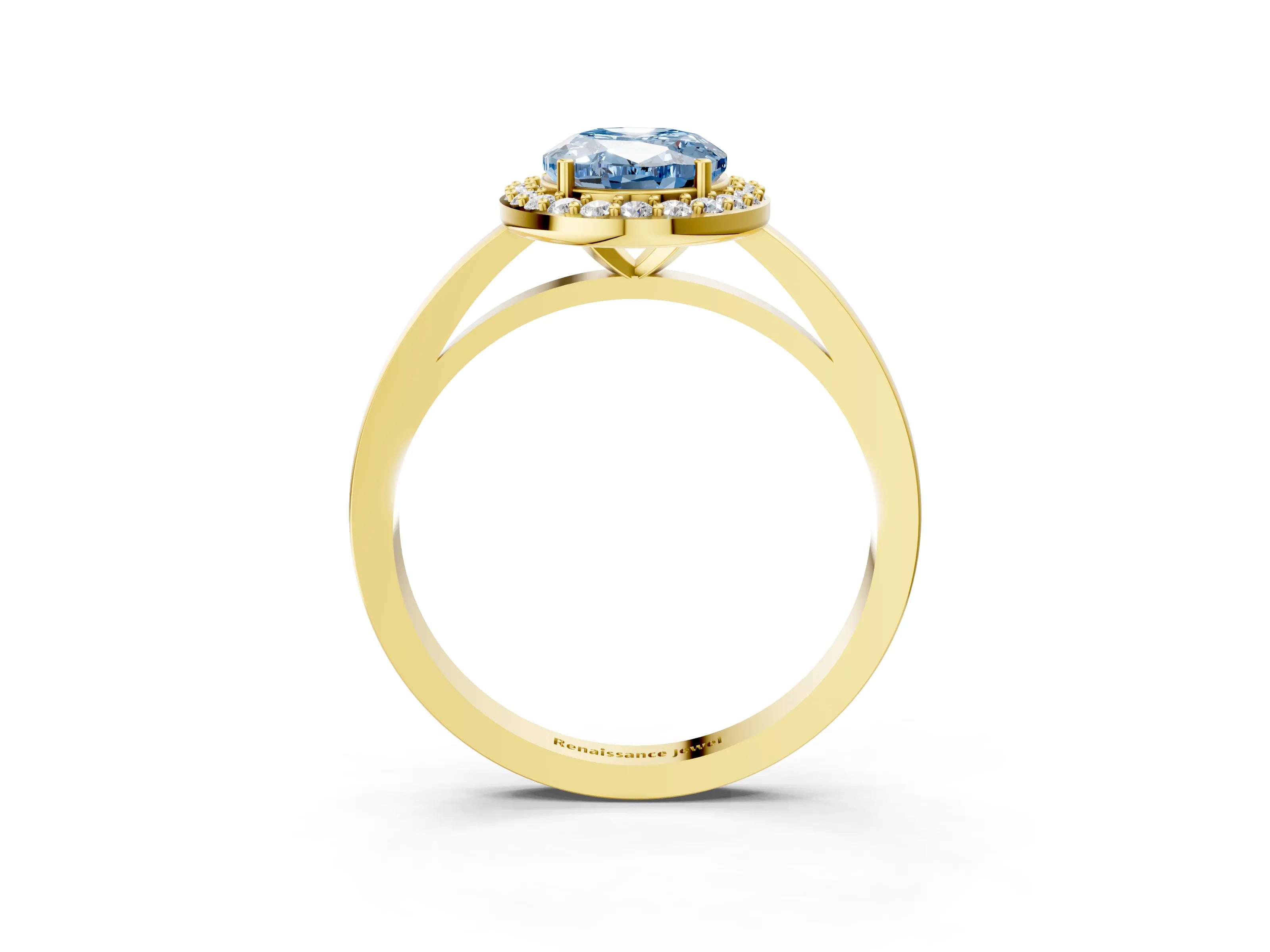 Yellow gold Fancy Blue Oval Cut Halo Diamond Ring with Solitaire Band and Prong Setting_3
