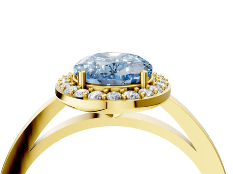 Yellow gold Fancy Blue Oval Cut Halo Diamond Ring with Solitaire Band and Prong Setting_4