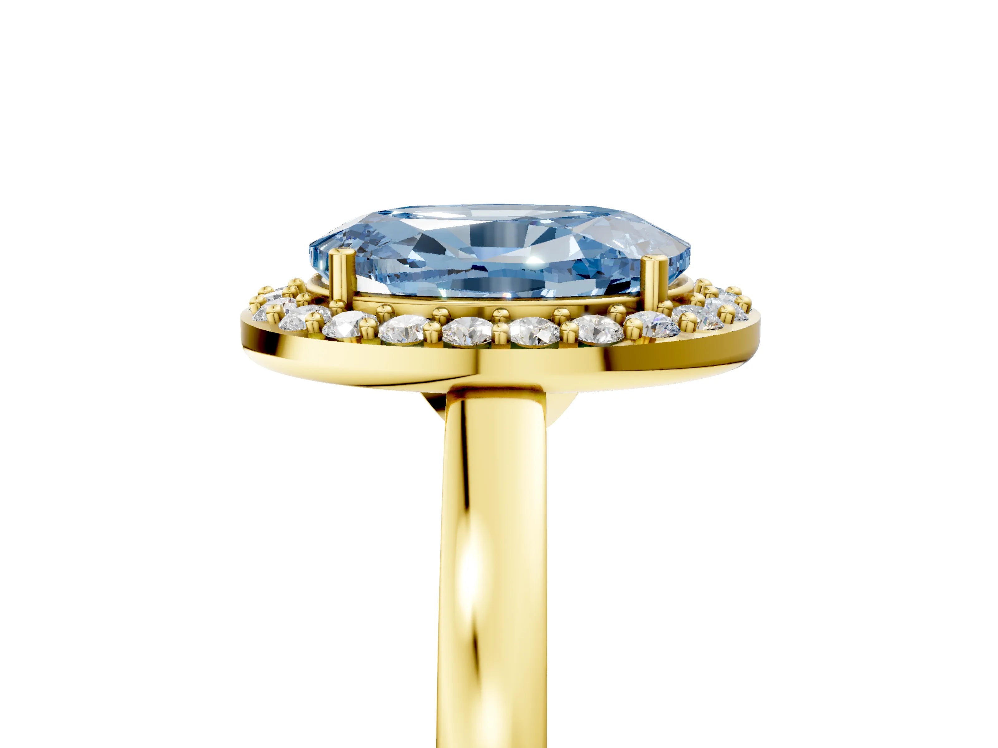 Yellow gold Fancy Blue Oval Cut Halo Diamond Ring with Solitaire Band and Prong Setting_5