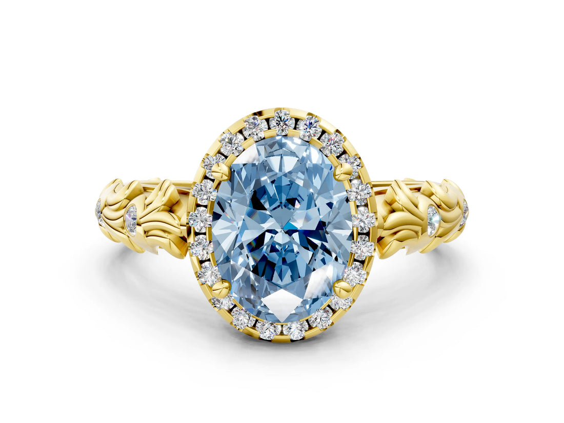 Yellow gold Fancy Blue Oval Cut Halo Diamond Solitaire with Filigree Band and Four-Prong Setting_12