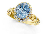 Yellow gold Fancy Blue Oval Cut Halo Diamond Solitaire with Filigree Band and Four-Prong Setting_13