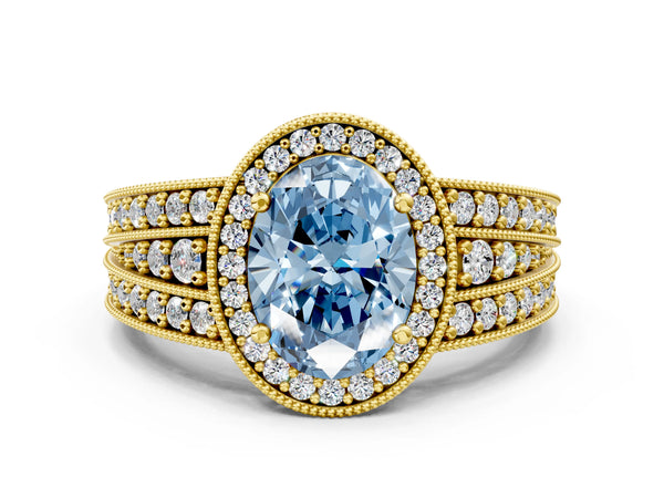 Yellow gold Fancy Blue Oval Cut Halo Diamond Split Shank Ring with Prong Setting