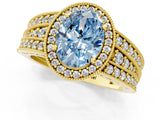 Yellow gold Fancy Blue Oval Cut Halo Diamond Split Shank Ring with Prong Setting_1