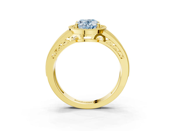 Yellow gold Fancy Blue Oval Cut Halo Diamond Split Shank Ring with Prong Setting