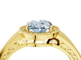 Yellow gold Fancy Blue Oval Cut Halo Diamond Split Shank Ring with Prong Setting_4