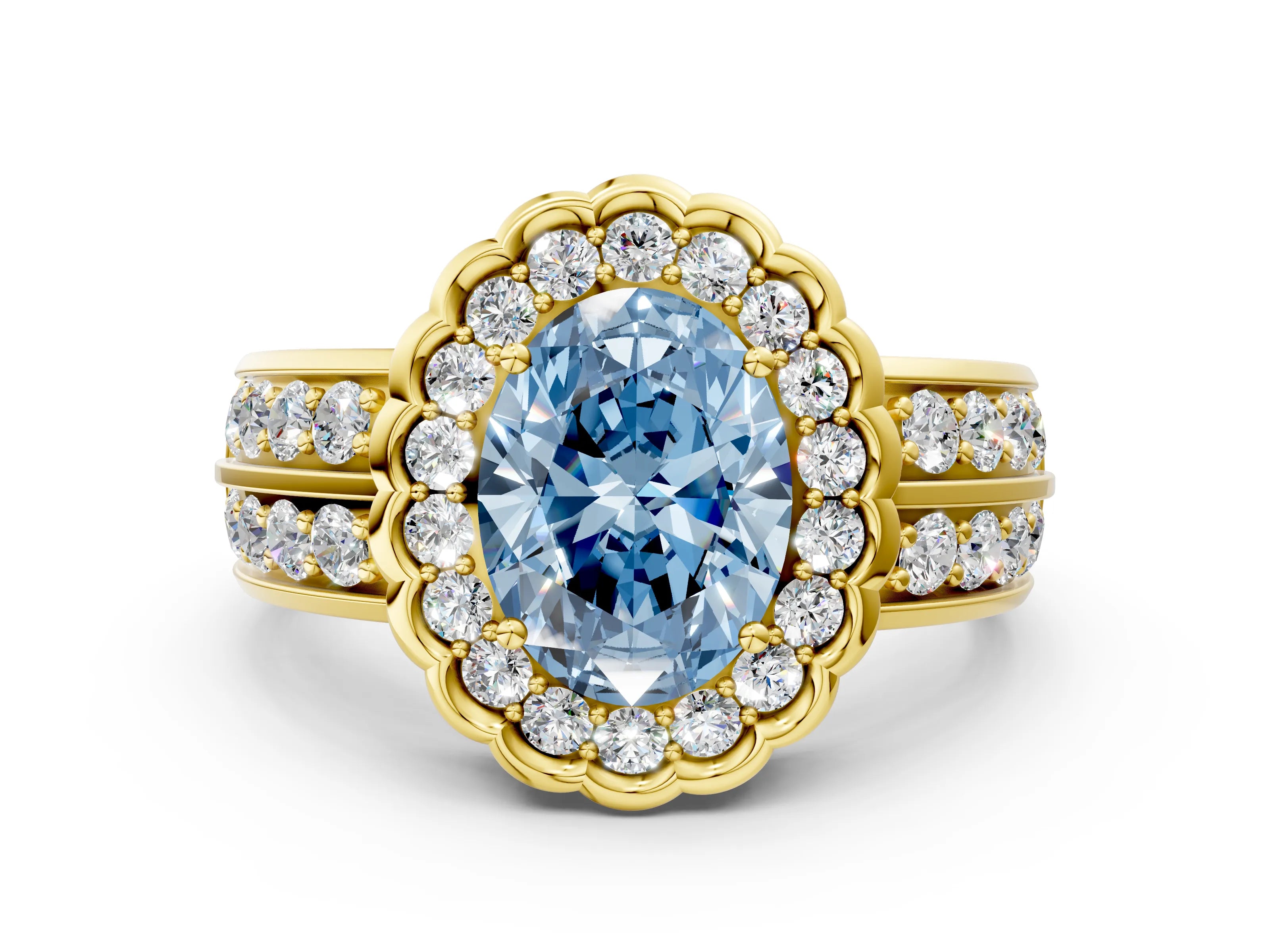 Yellow gold Fancy Blue Oval Cut Halo Diamond Split Shank Ring with Scalloped Prong Setting
