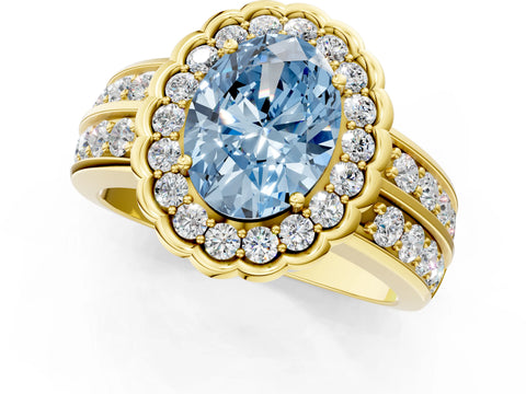 Yellow gold Fancy Blue Oval Cut Halo Diamond Split Shank Ring with Scalloped Prong Setting_1