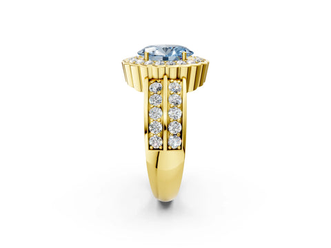 Yellow gold Fancy Blue Oval Cut Halo Diamond Split Shank Ring with Scalloped Prong Setting_2