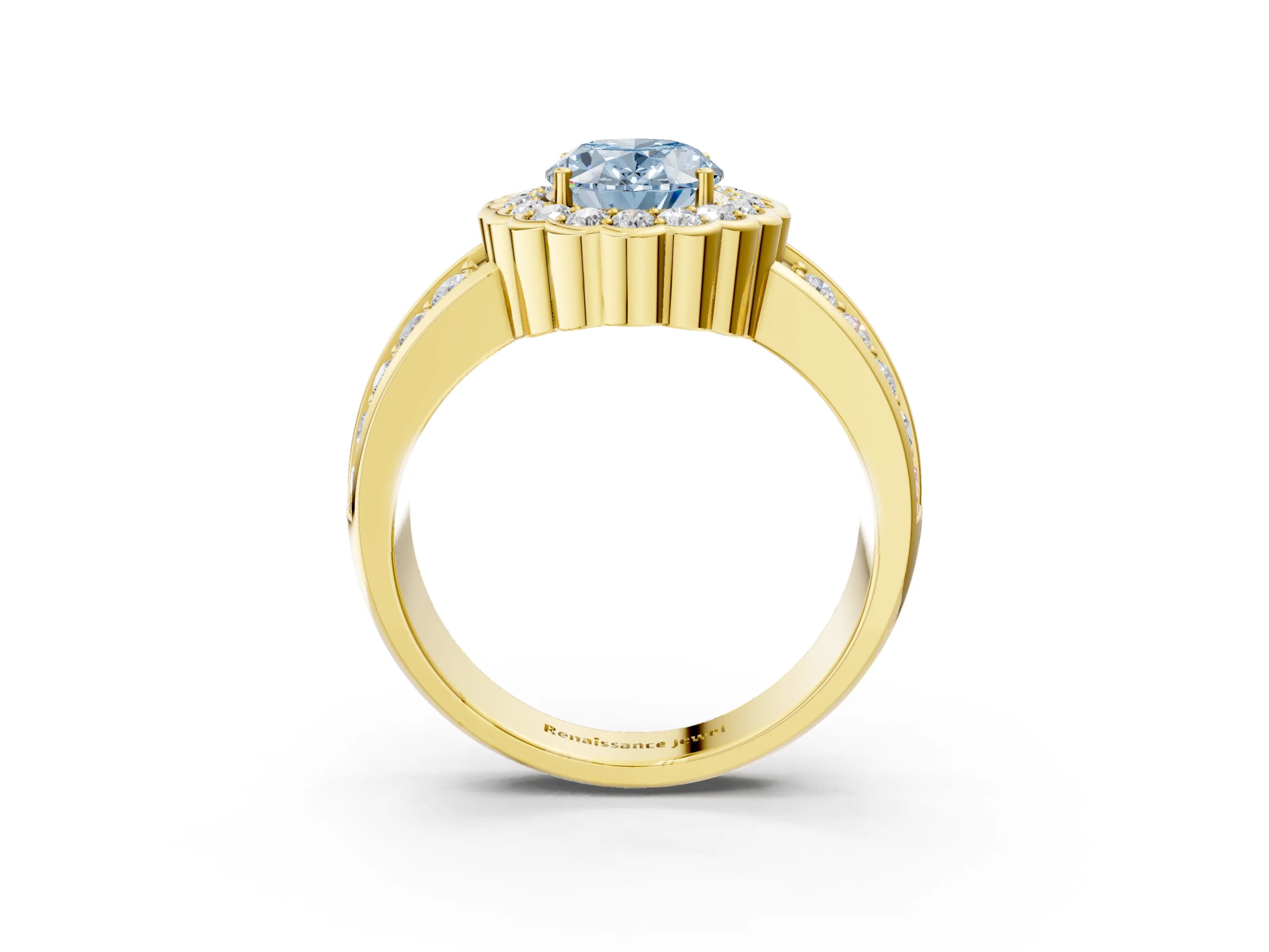 Yellow gold Fancy Blue Oval Cut Halo Diamond Split Shank Ring with Scalloped Prong Setting_3