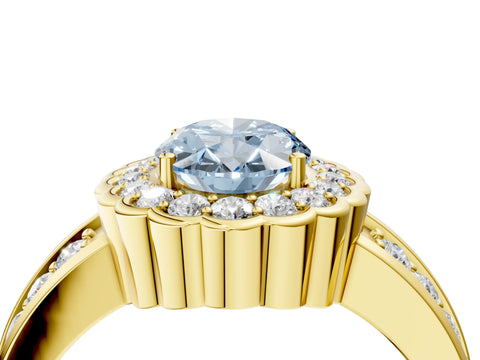 Yellow gold Fancy Blue Oval Cut Halo Diamond Split Shank Ring with Scalloped Prong Setting_4