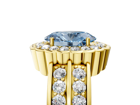 Yellow gold Fancy Blue Oval Cut Halo Diamond Split Shank Ring with Scalloped Prong Setting_5