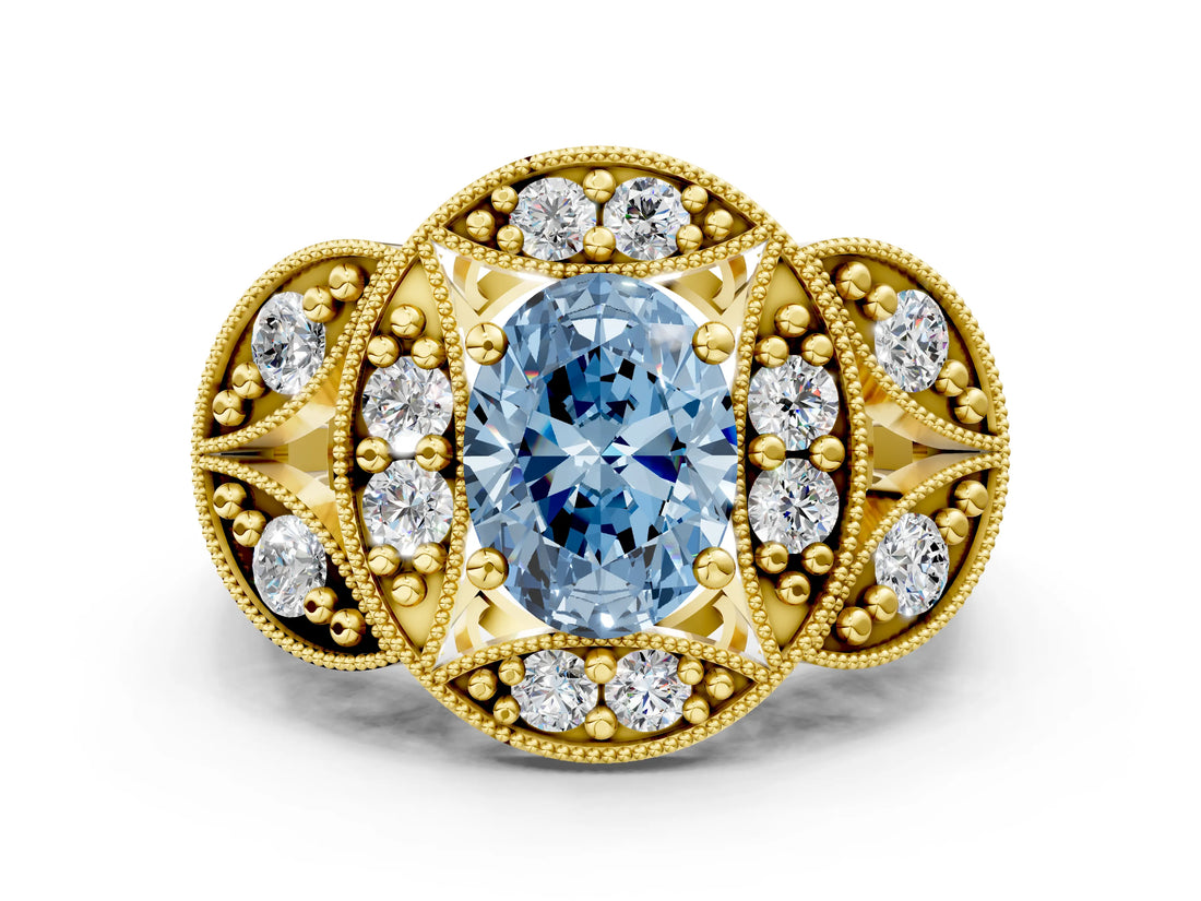 Yellow gold Fancy Blue Oval Cut Halo Milgrain Diamond Engagement Ring with Leaf Band and Four-Prong Setting