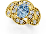 Yellow gold Fancy Blue Oval Cut Halo Milgrain Diamond Engagement Ring with Leaf Band and Four-Prong Setting_1