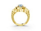 Yellow gold Fancy Blue Oval Cut Halo Milgrain Diamond Engagement Ring with Leaf Band and Four-Prong Setting_3