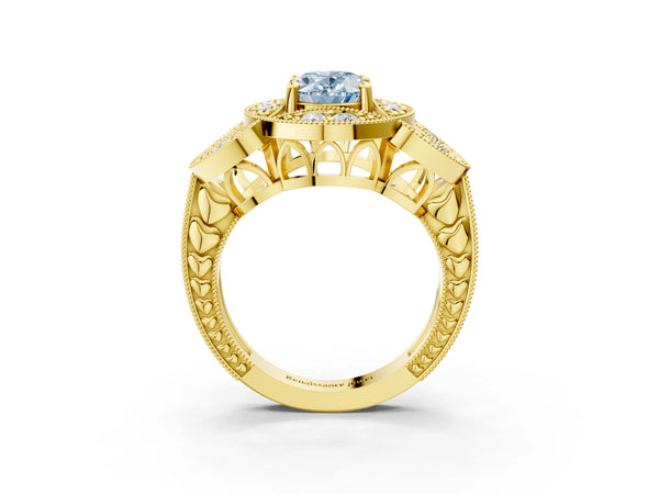 Yellow gold Fancy Blue Oval Cut Halo Milgrain Diamond Engagement Ring with Leaf Band and Four-Prong Setting