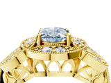 Yellow gold Fancy Blue Oval Cut Halo Milgrain Diamond Engagement Ring with Leaf Band and Four-Prong Setting_4