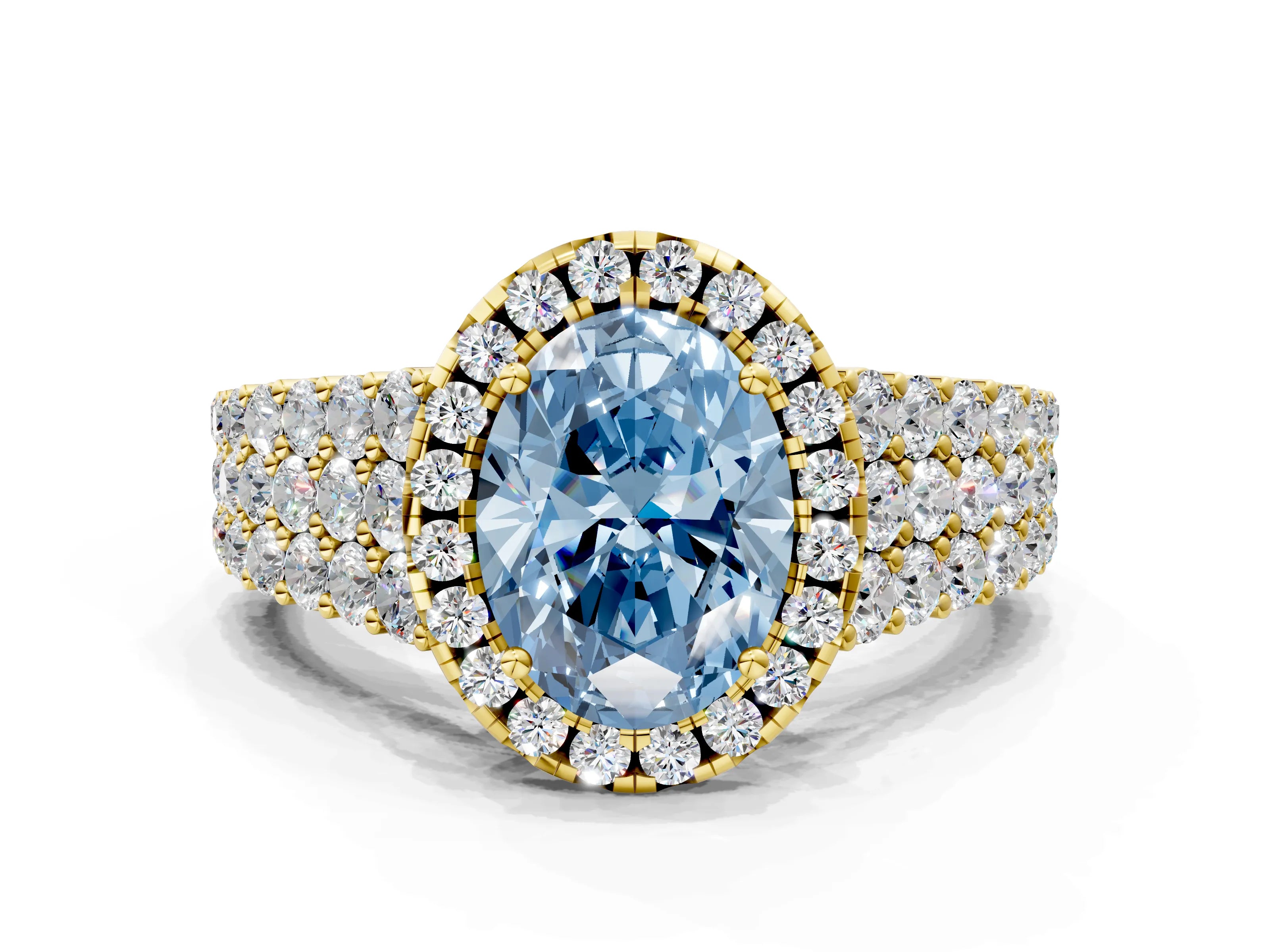 Yellow gold Fancy Blue Oval Cut Halo Pavé Diamond Engagement Ring with Split Shank and Four-Prong Setting_3