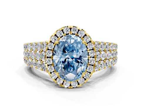 Yellow gold Fancy Blue Oval Cut Halo Pavé Diamond Engagement Ring with Split Shank and Four-Prong Setting_3